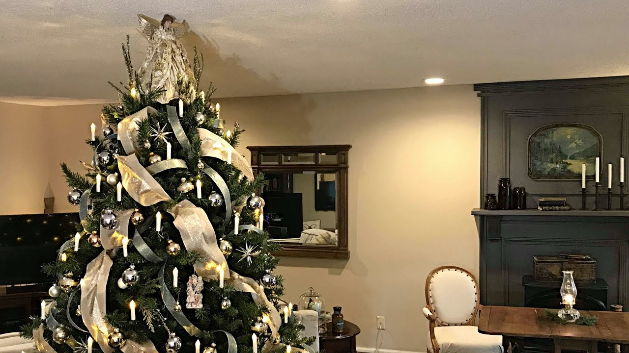 Victorian Christmas Tree In Gold, Smokey Blue, & Cream - Vintage Style Tree With Candles & Angel