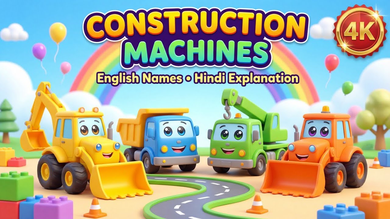Construction Machines for Kids 🚧 | English Names with Hindi Explanation | 3D Animation