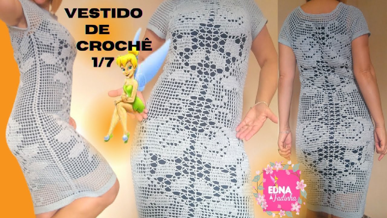VESTIDO DESENHADO M DE CROCHÊ PARTE -1/7