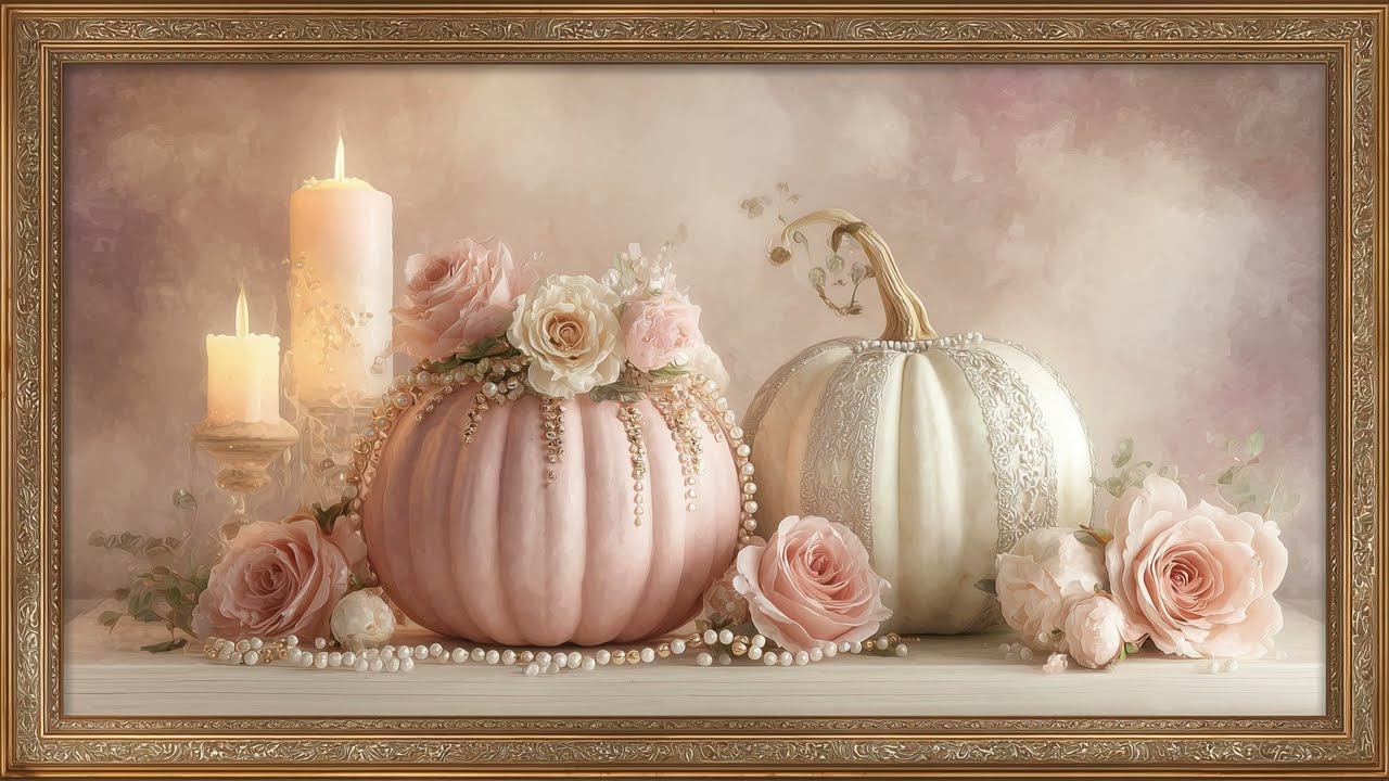 Romantic Fall Pink Pumpkins | Framed TV Wall Art | Ambient Screensaver for TV