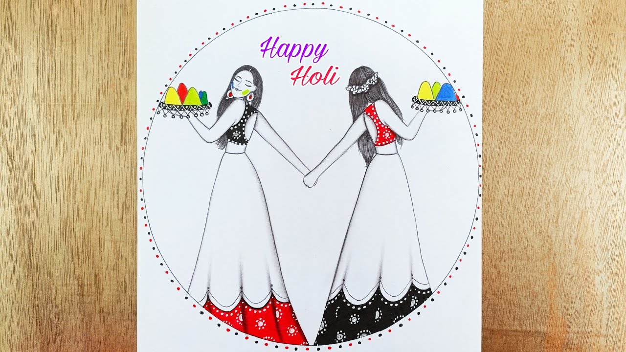Holi drawing Easy || How to draw two girls celebrating Holi pencil sketch/girls drawing/easy drawing