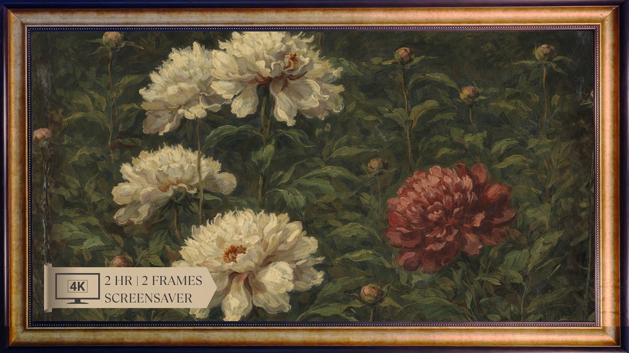 Wood Framed Wild Peonies Screensaver - 4K Fine Art, 2 Hours, 2 Frames