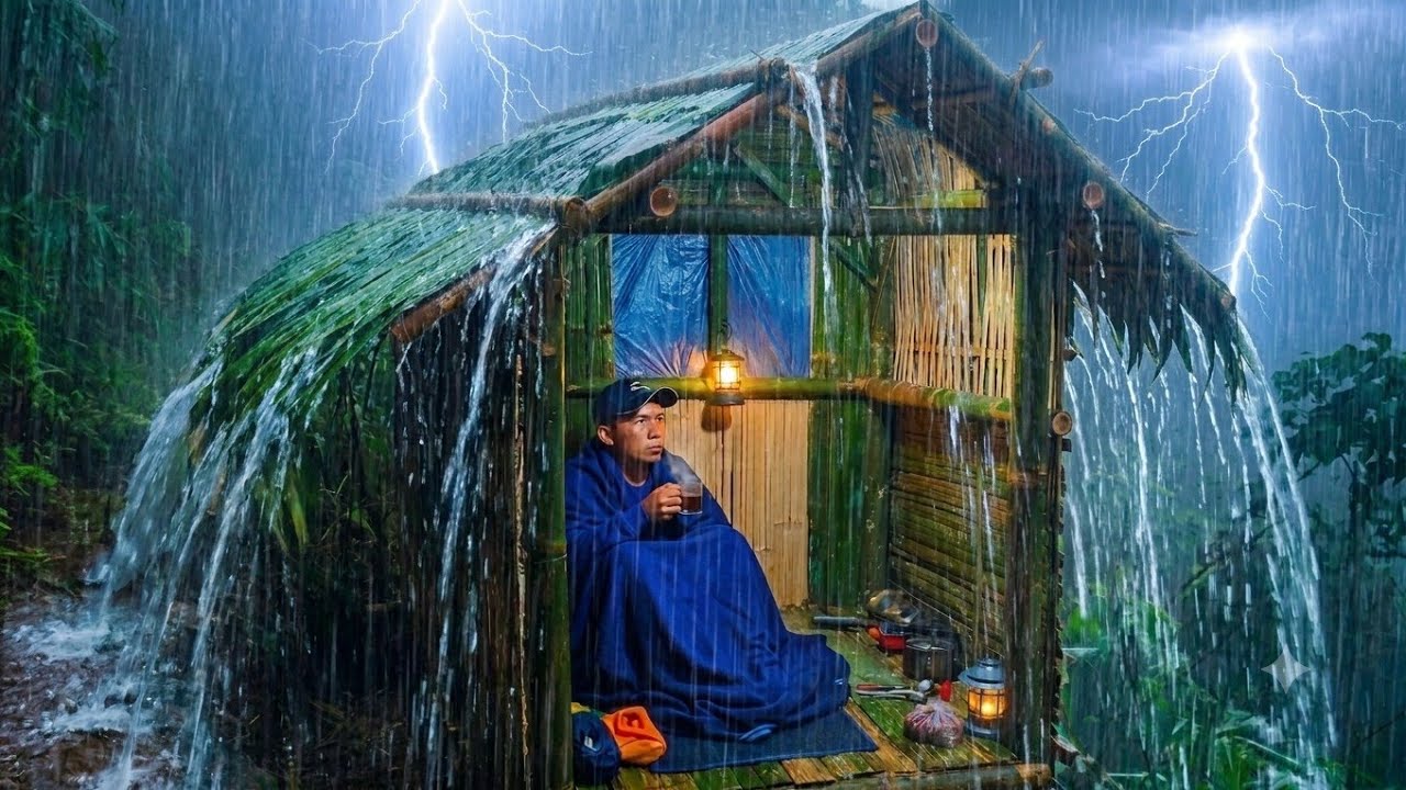 ​BRUTAL STORM SURVIVAL! Solo Camping in Heavy Rain: Building a Bamboo Shelter