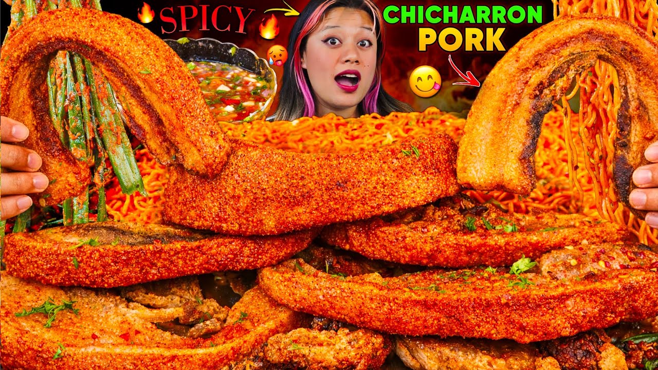 Cooking & Eating CRISPY PORK CHICHARRON 🔥 | Spicy Noodles Mukbang with Special Sauce