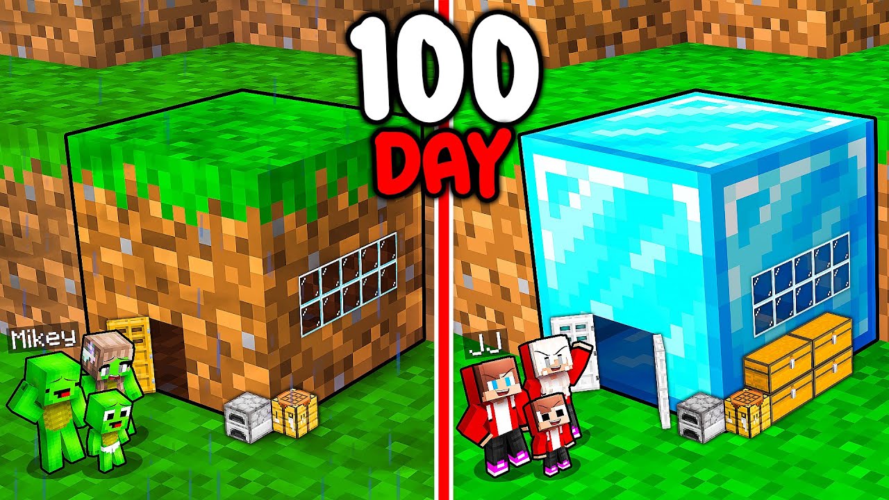 JJ and Mikey: POOR vs RICH Block Base 100 Days Family Battle in Minecraft - Maizen