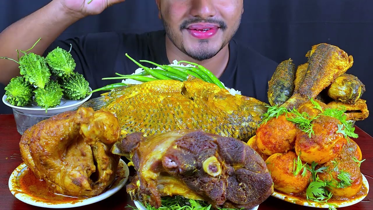 ASMR: Eating Fish Curry, Fish Fry, Egg Curry, Mutton Curry, Chicken with Rice || Real Mukbang Show