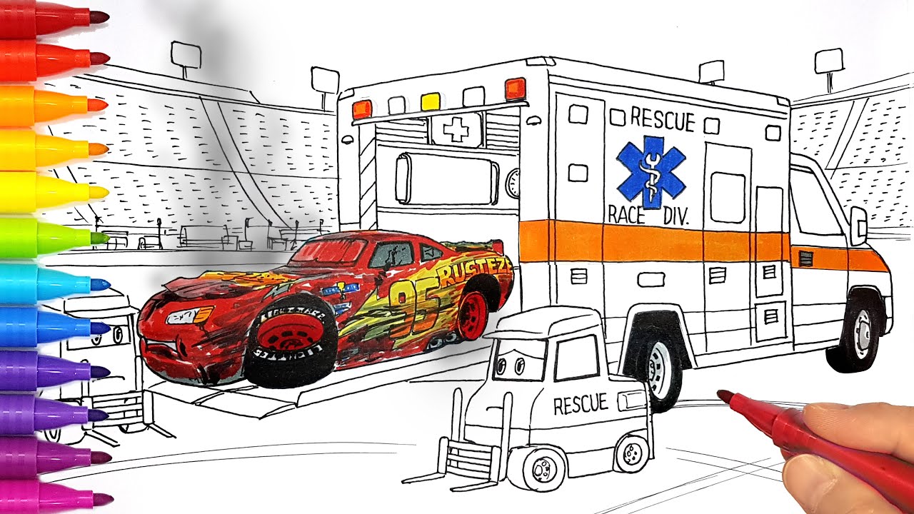 Lightning McQueen's Crash: Ambulance to the Rescue! Cars 3 Behind The Scene Drawing & Coloring Pages