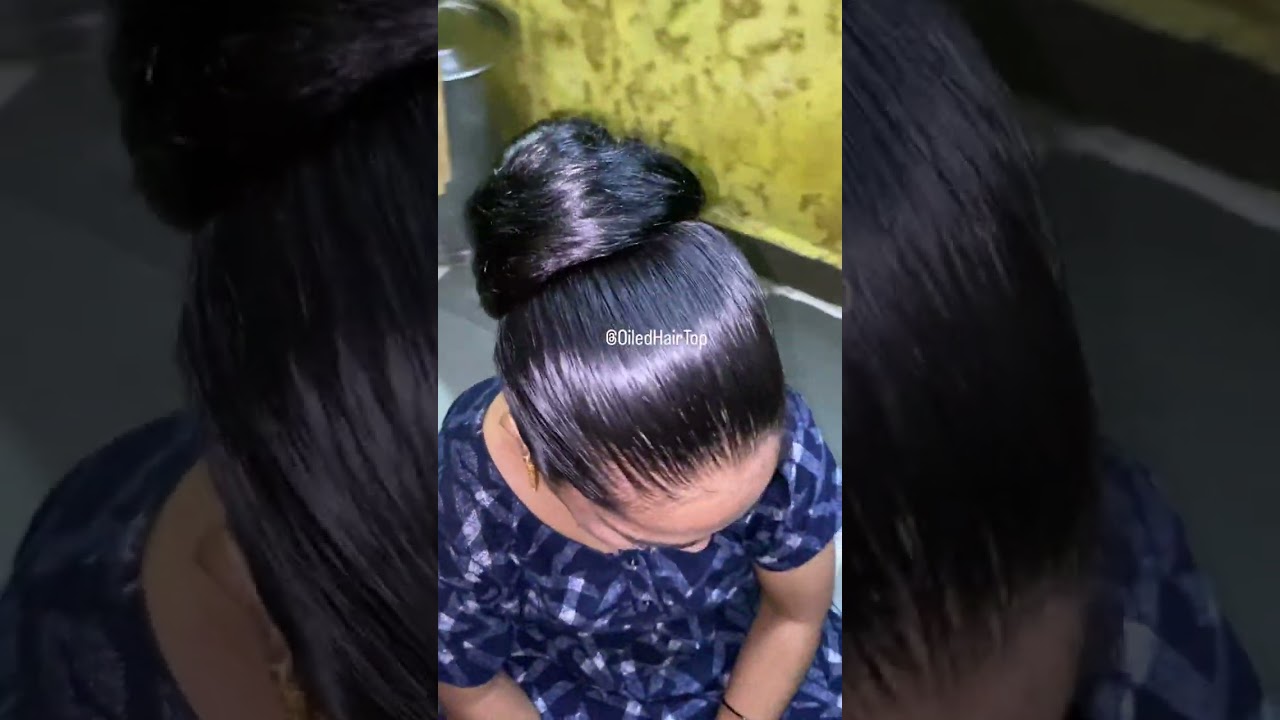 Oiled Hair Combing Sleek Hair Combing Oiled hair bun braid ponytail center clip hair