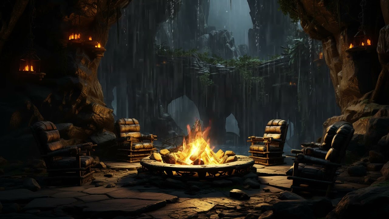 Relaxing Rain Relieves Anxiety - Rainstorm Outside the Cave & Warm Fireplace for Sleep & Study