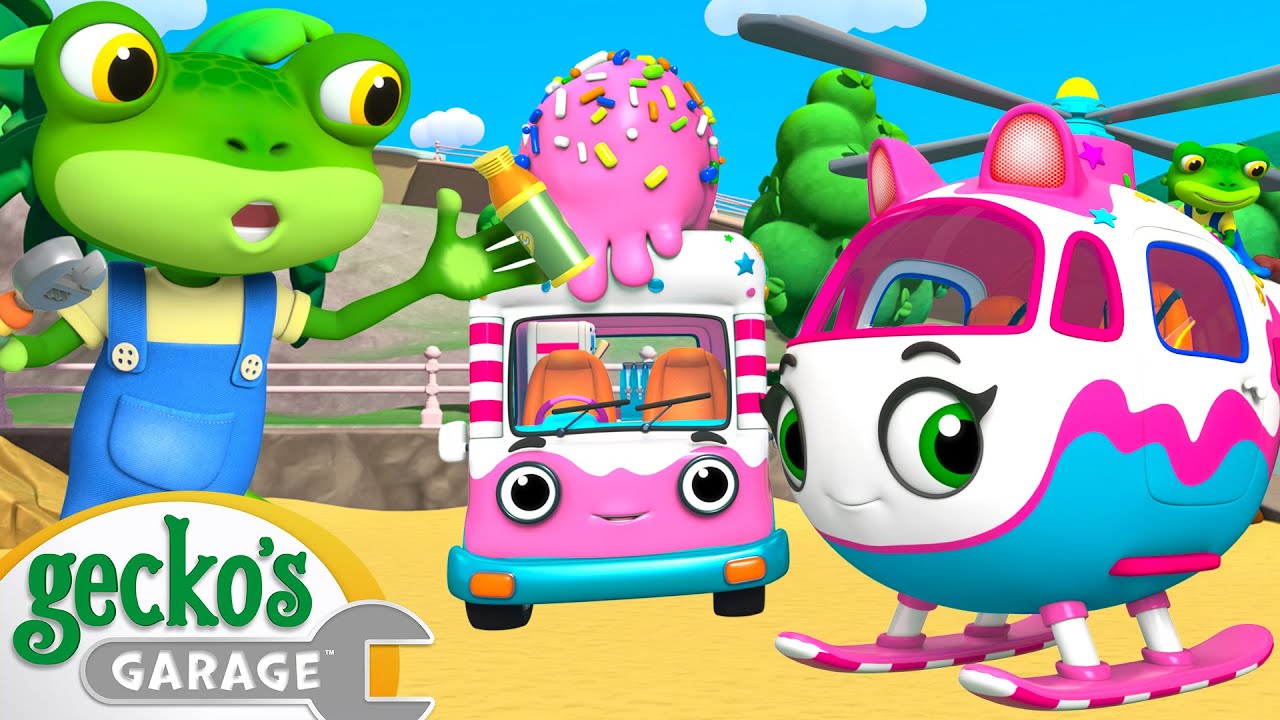 Ice Cream Helicopter Mod | Gecko the Mechanic | Vehicle Repair Cartoons | Buses, Trucks and Cars