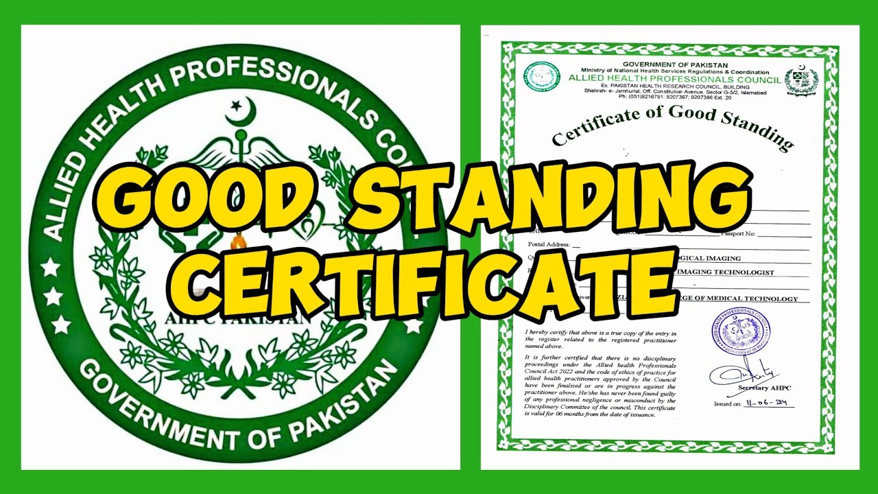 Good Standing Certificate | AHPC Gov. of Pakistan | Allied Health Professionals