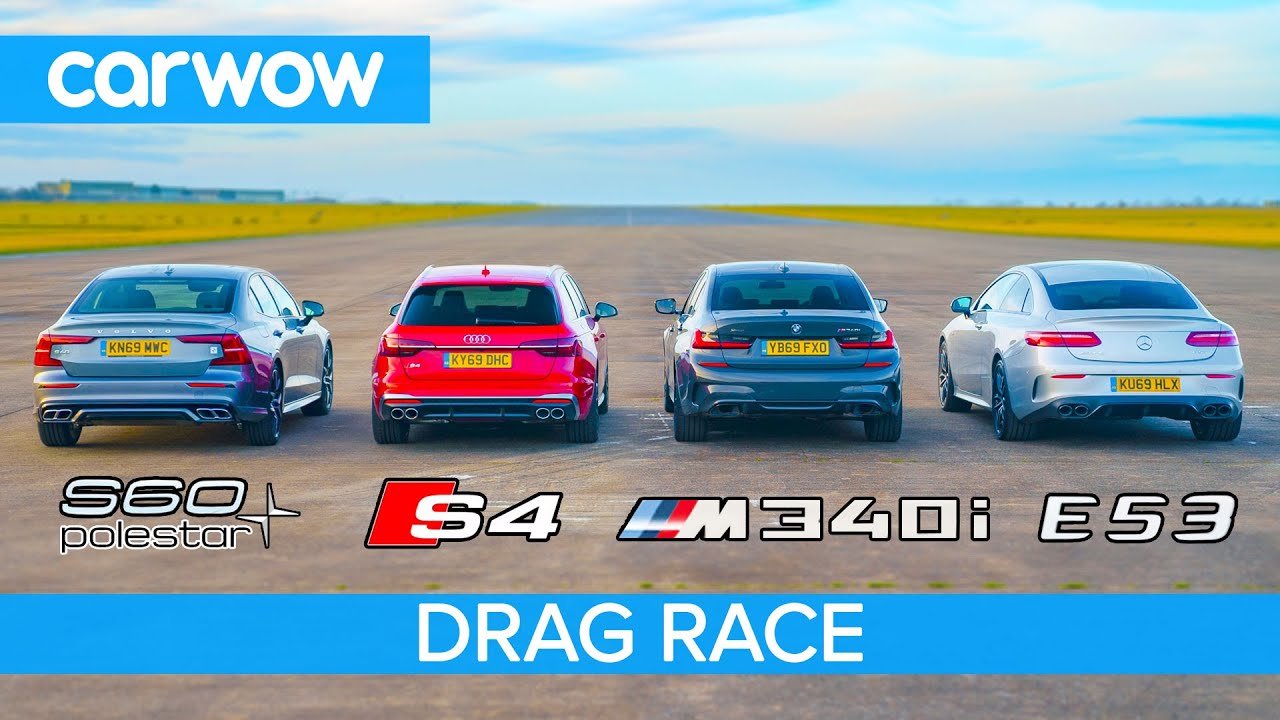 BMW M340i v Audi S4 v AMG E53 v Volvo S60 Polestar: DRAG RACE petrol v diesel v hybrid
