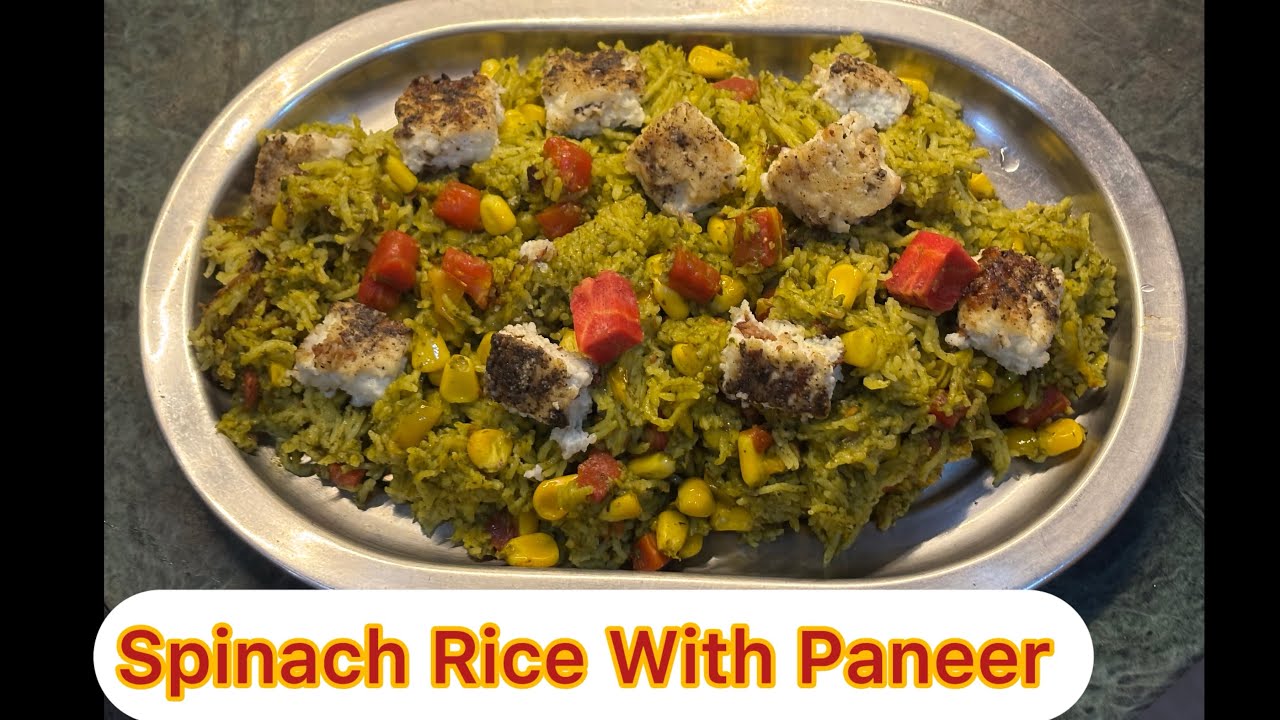 Spinach Rice with Paneer #palak #spinach #yellowpepper #carrot #paneer #corn #rice #bellpepper 