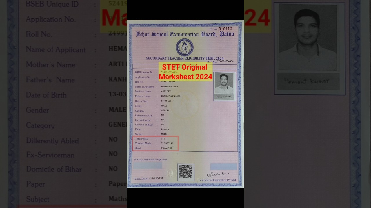 Bihar stet Certificate/Marksheet | stet result card #stet #stetresult
