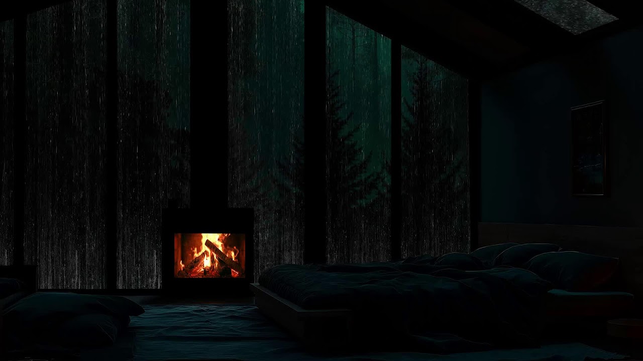 Inside a quiet forest cabin while soft rain slowly covers the woods outside