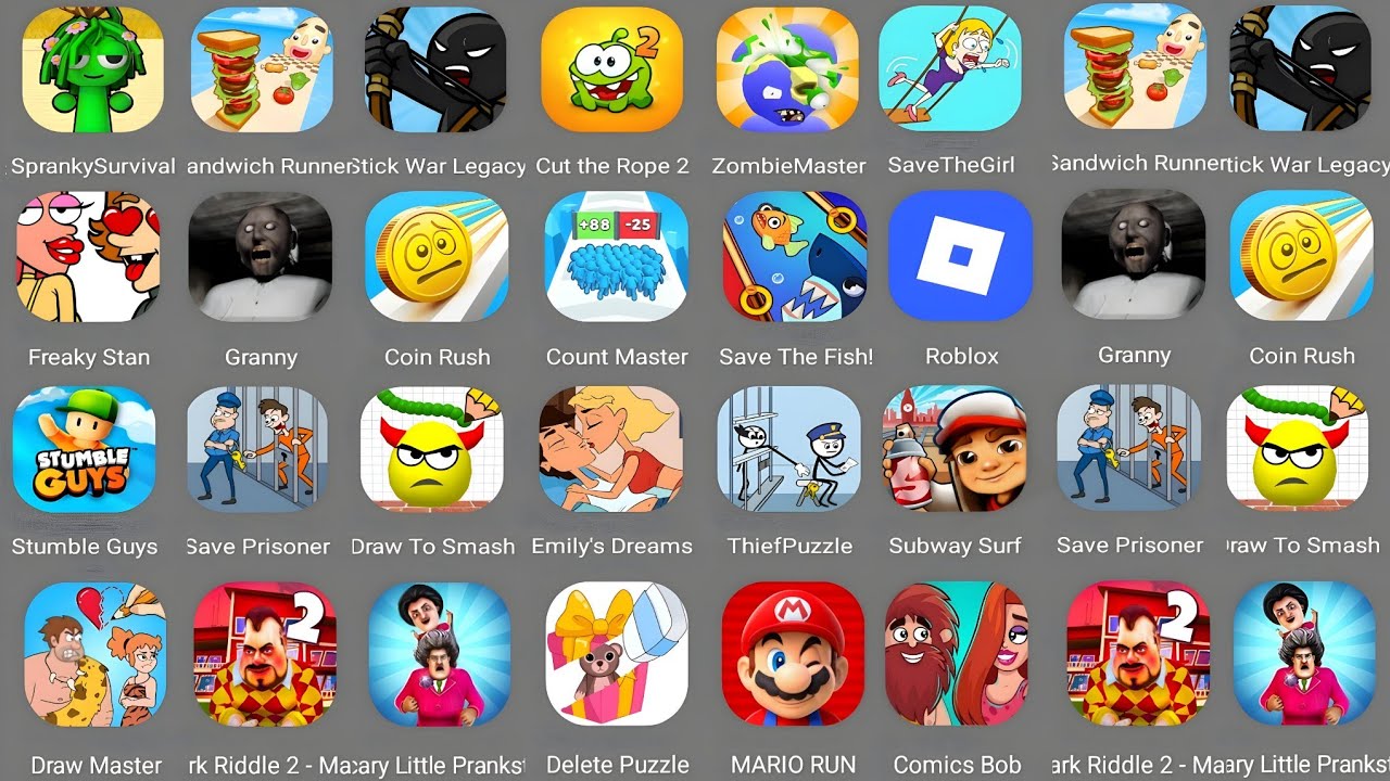 Minecraft,Bowmasters,Zombies Tsunami,Hcr 2,Granny,Stick War Legacy,Scary Teacher 3D,Roblox,Mario Run