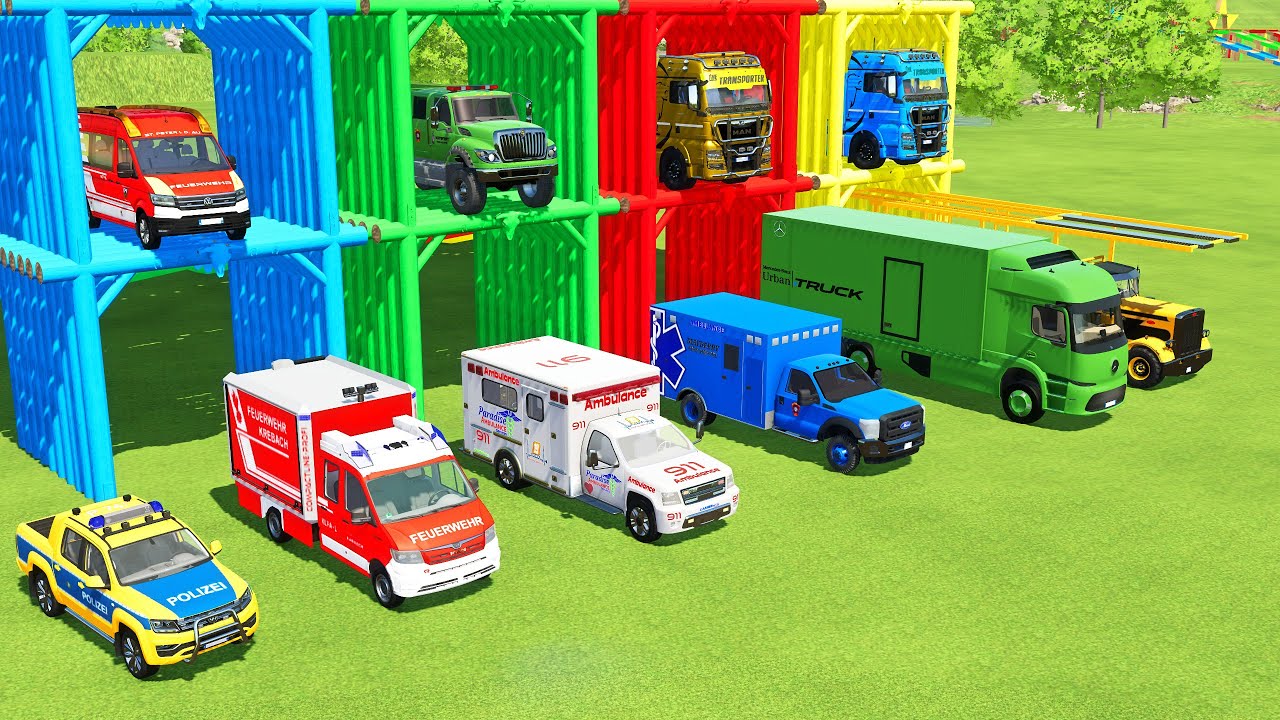 TRANSPORTING POLICE CARS, BOX TRUCK, AMBULANCE, FIRE DEPARTEMENT, FIRE TRUCK TO GARAGE | FS22