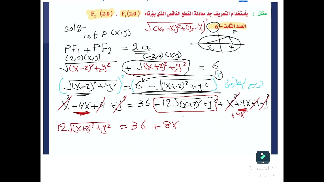 ايجاد معادلة القطع الناقص باستخدام التعريف