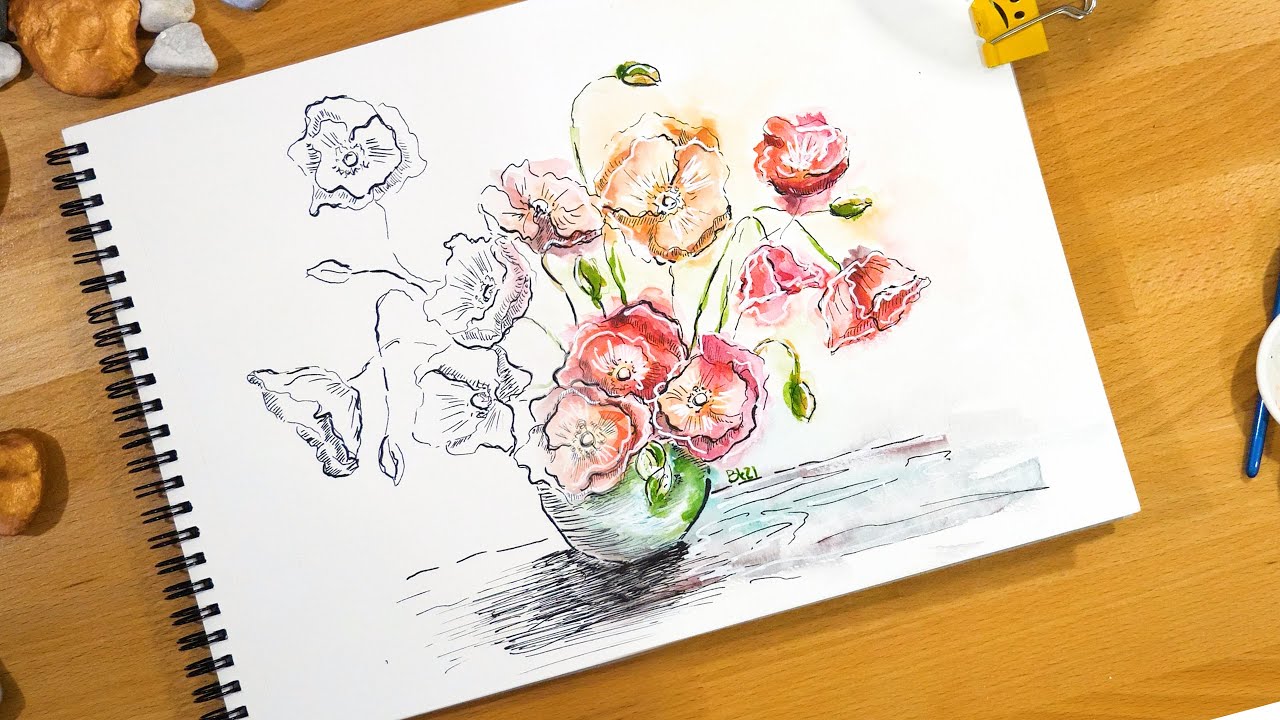 Poppies in pen&ink and loose watercolors