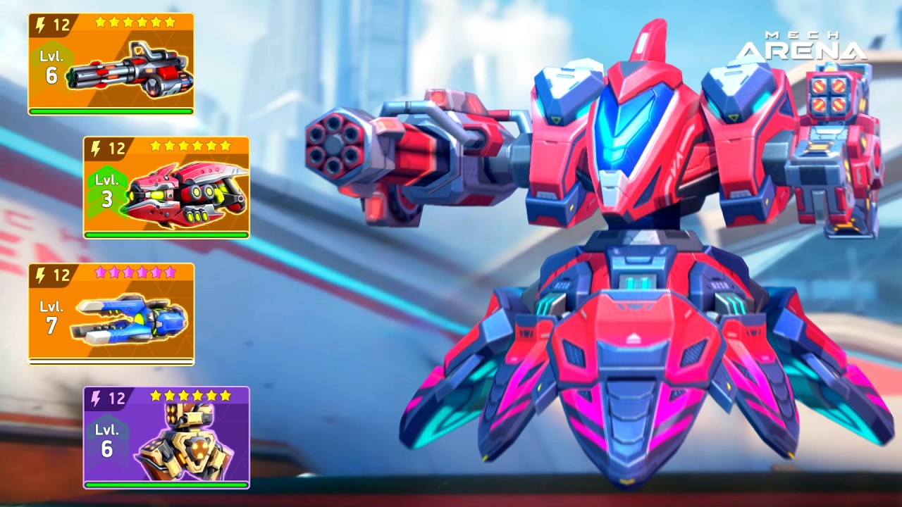 Blizzfrost with Minigun 12, Nade Launcher 12, Graviton Beam 12, Pod Gun 12 - Mech Arena