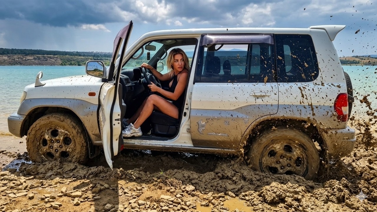 GIRL CAR STUCK ON THE BEACH IN MUD SUMMER MITSUBISHI PAJERO IO 4X4