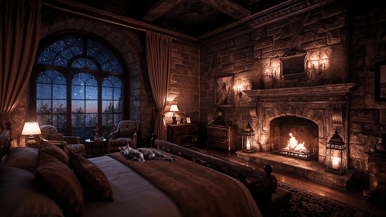Sleep With Rain Sound | Peaceful Starry Night Fireplace & Rain | 10 Hour Cozy Sleep Soundscape