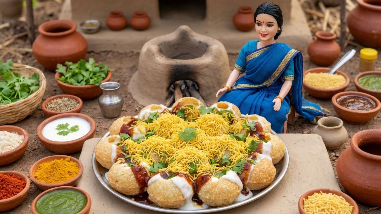 Miniature Doll Dahi Puri Chaat Making ASMR | Indian Village Tiny Kitchen Story