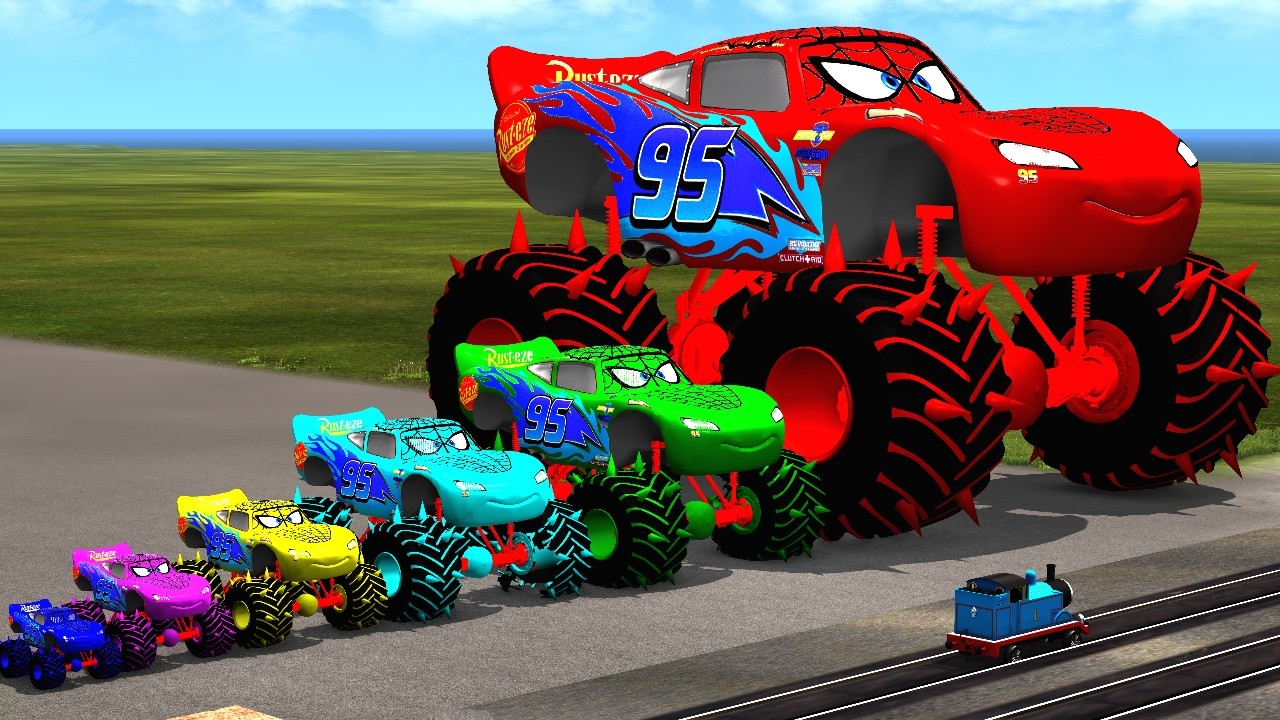 Big & Small Colorful Spider McQueen with Spiked Monster Tires vs Train | BeamNG.drive