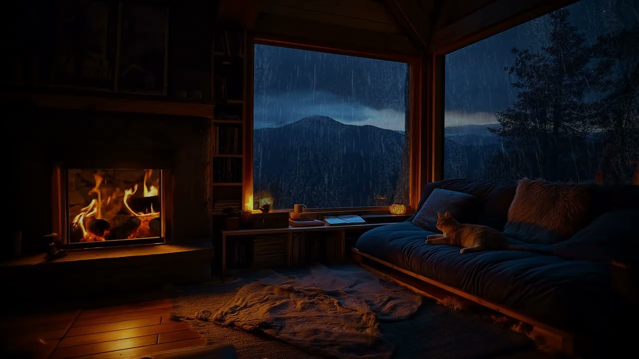 Heavy Rain & Crackling Fireplace in Cozy Cabin | Sleeping Cat, Warm Coffee & Relaxing Night Ambience