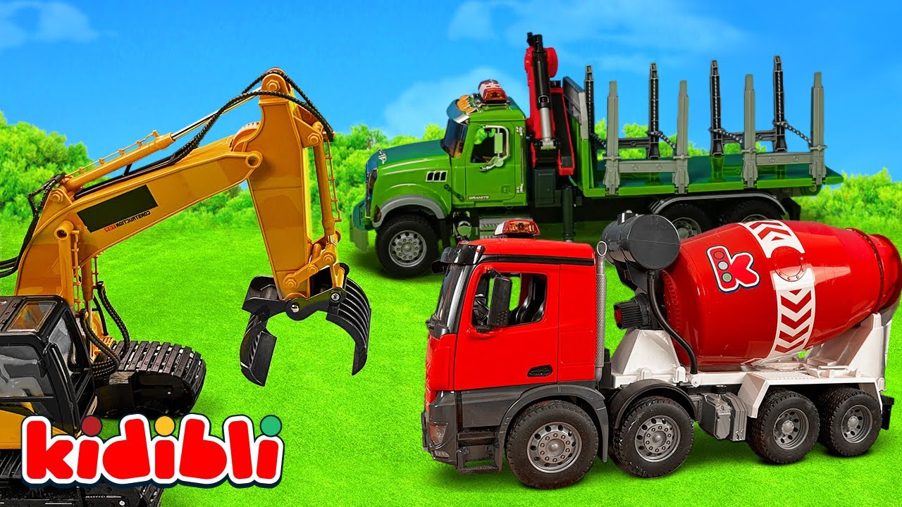 B&eacute;tonni&egrave;re et camion-grue pour enfants sur le chantier 🚧 Vid&eacute;o &eacute;ducative de jouets | Kidibli