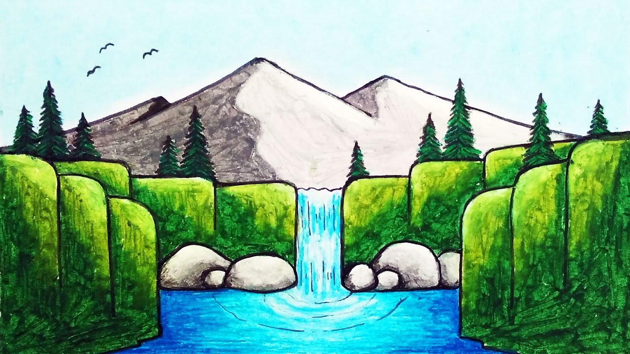 Menggambar Pemandangan Air Terjun dan Gunung yang Mudah | Gambar Pemandangan Dengan Oil Pastels