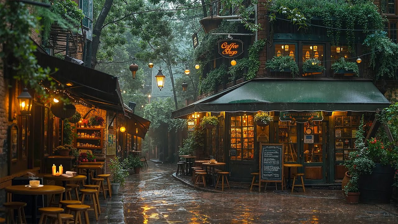 Relaxing Jazz on a Rainy Day Street ☕ Cozy Outdoor Coffee Shop Ambience with Soft Lights & Calm Mood