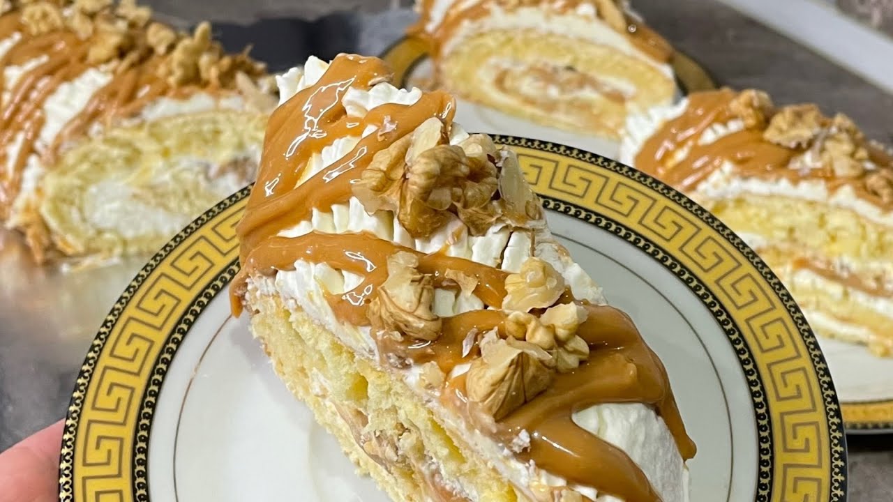 كيك رولي بجينواز خفيفة بالكريمة ومذاق الكراميل لذيذ 😋  swiss rool caramel