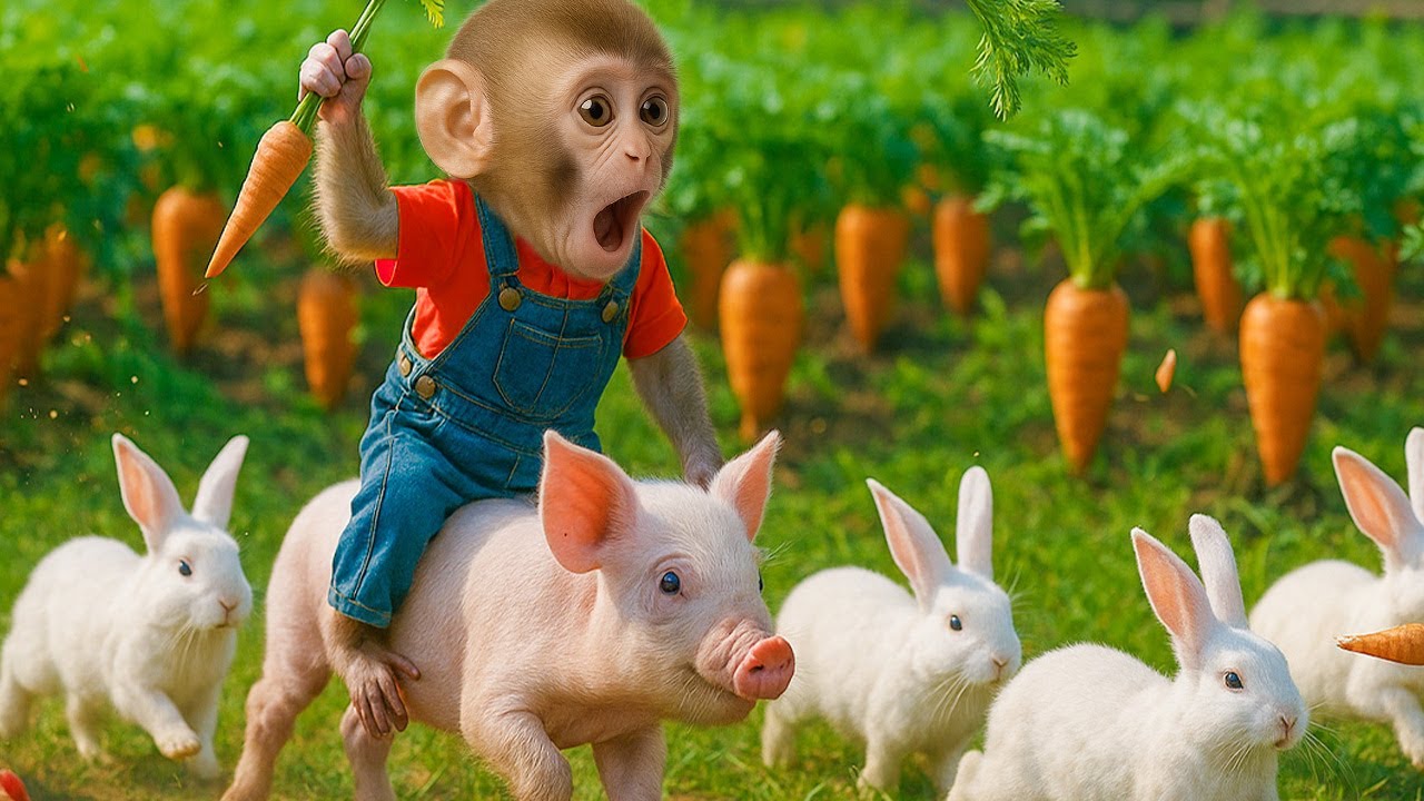 Monkey KOKI rides a pig to harvest giant carrots and make juice for the ducklings
