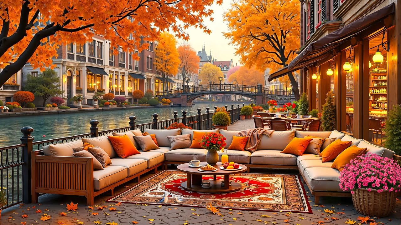 Cinematic Autumn Caf&eacute; Ambience 🍂 Calm Jazz & Warm Light by the Riverside