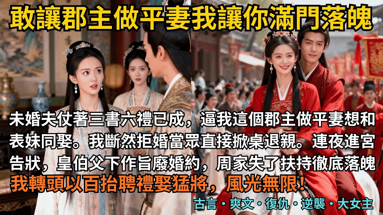 【古言爽文】完結，未婚夫仗著三書六禮已成，逼我這個郡主做平妻想和表妹同娶。我斷然拒婚當眾直接掀桌退親。連夜進宮告狀，皇伯父下作旨廢婚約，周家失了扶持徹底落魄。#完結 #小說 #爽文 #推薦 #大女主
