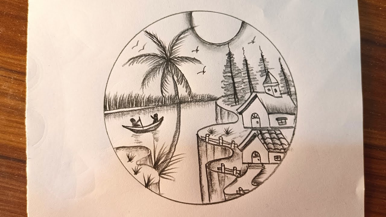 Learn High mountain with riverview scenery drawing #drawing #bestscenery #villagescenary #mountain 