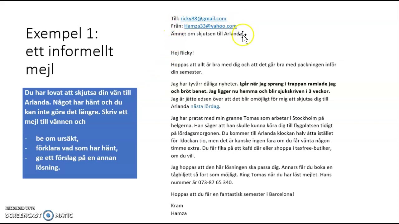 Mejl som handlar om ett förhinder