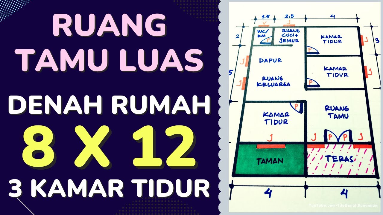 Denah Rumah Minimalis 3 Kamar Tidur Ukuran 8x12 Dengan Ruang Tamu Yang Luas