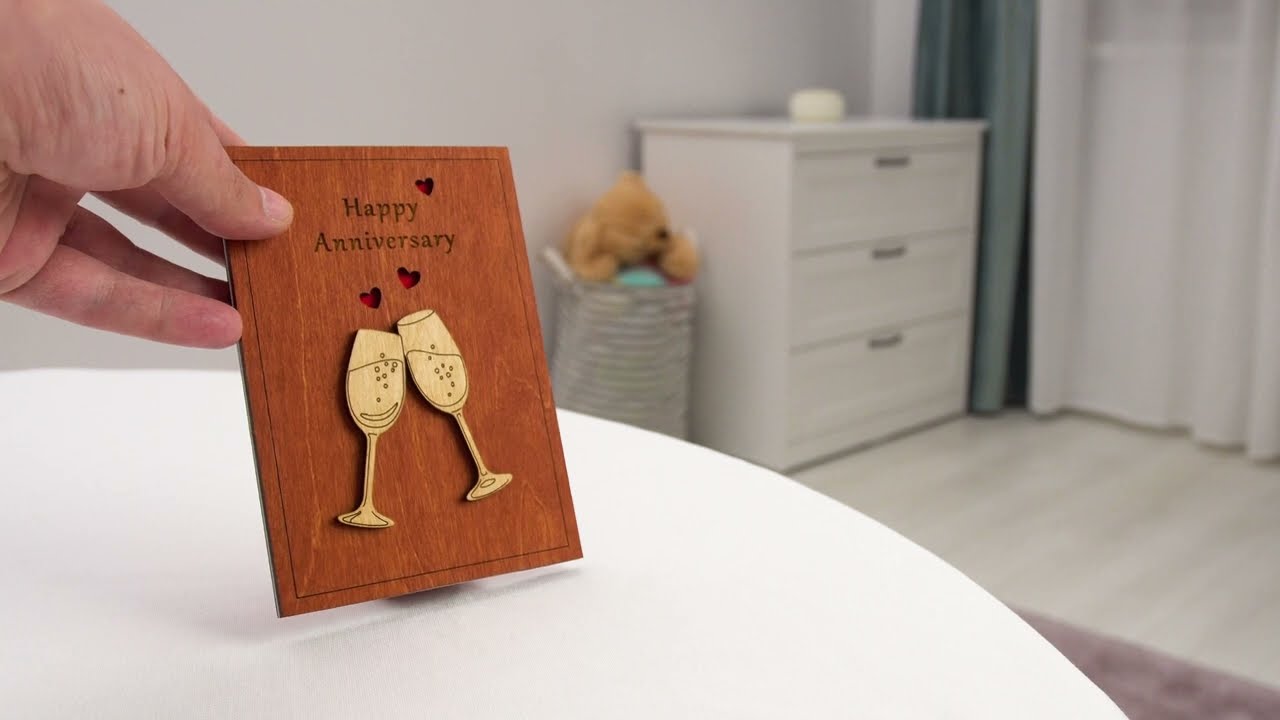 Handmade Wooden Anniversary Card. Wood Wedding Anniversary Cards for Husband, Wife, Parents, Couple.