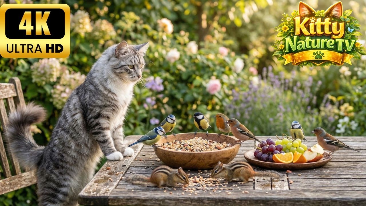 Cat TV NO ADS 😺 Расслабленный кот смотрит на птиц и рыжих белок 🐦🐿️ Спокойная природа 4K**