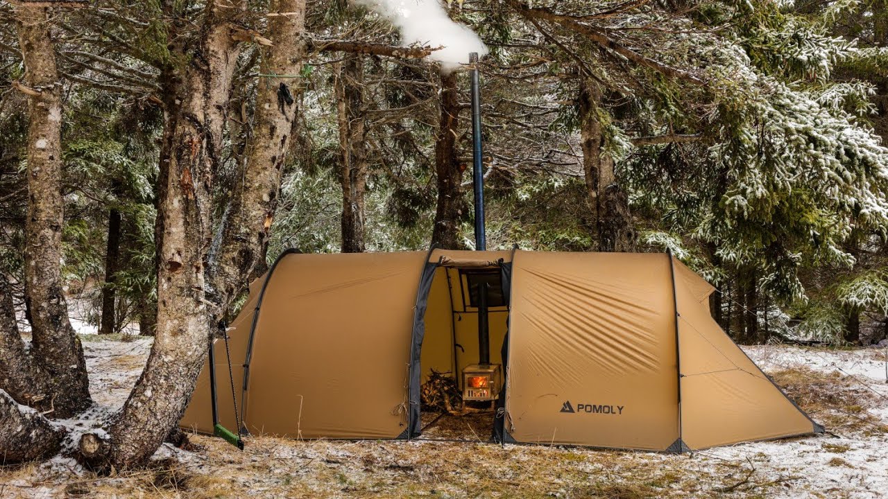Winter HOT TENT CAMPING in the RAIN and Snow 