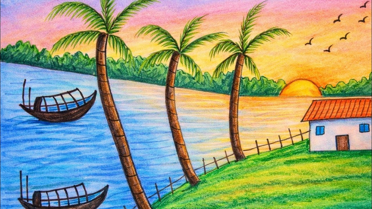 House river side scenery drawing #How to draw a amazing house drawing #