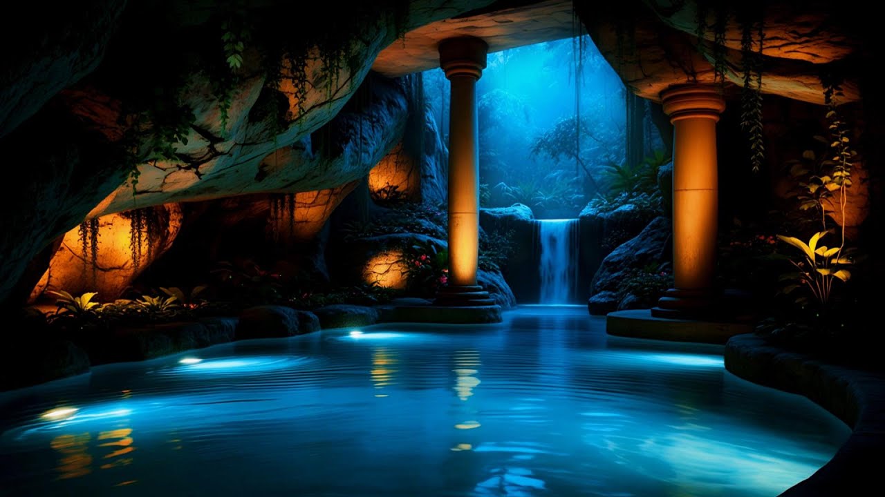 Tranquil Hidden Oasis | Calming Cave Pool Ambience with Waterfall Sounds ASMR - 4K