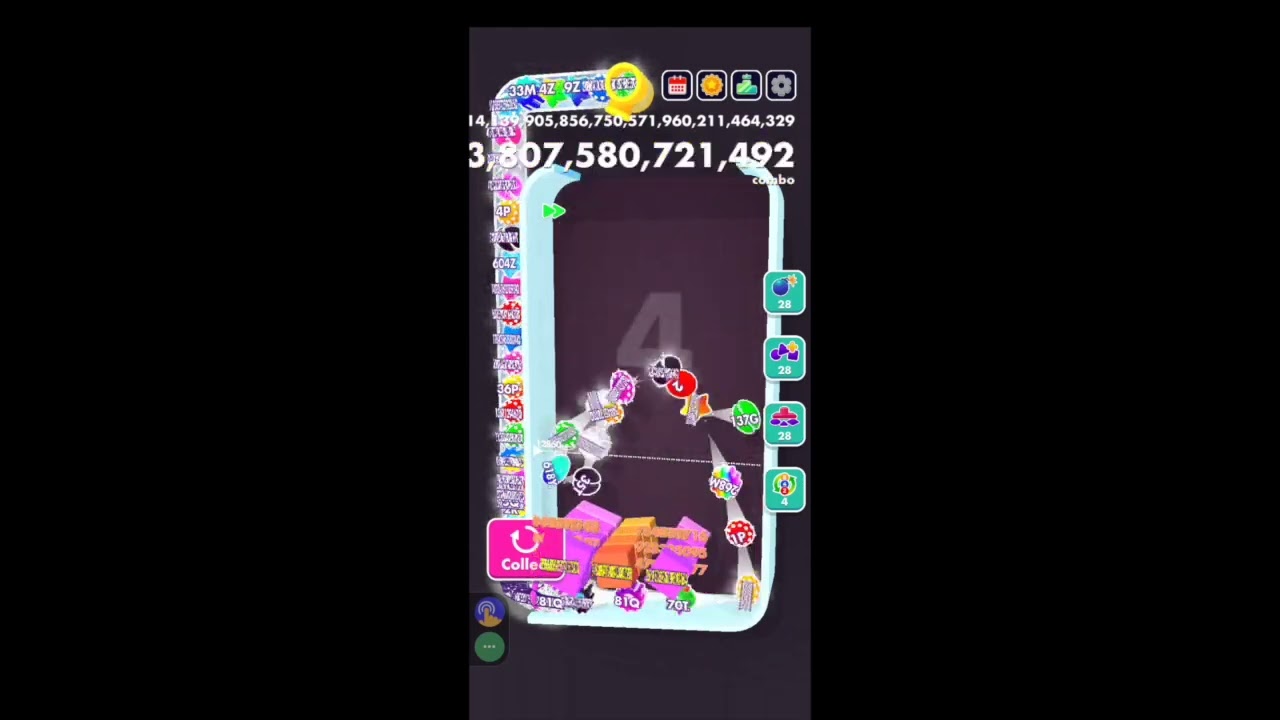 Bounce Merge 421Vigintillion ボール (2^ 218)スコア 3.3*10^69 (70桁)