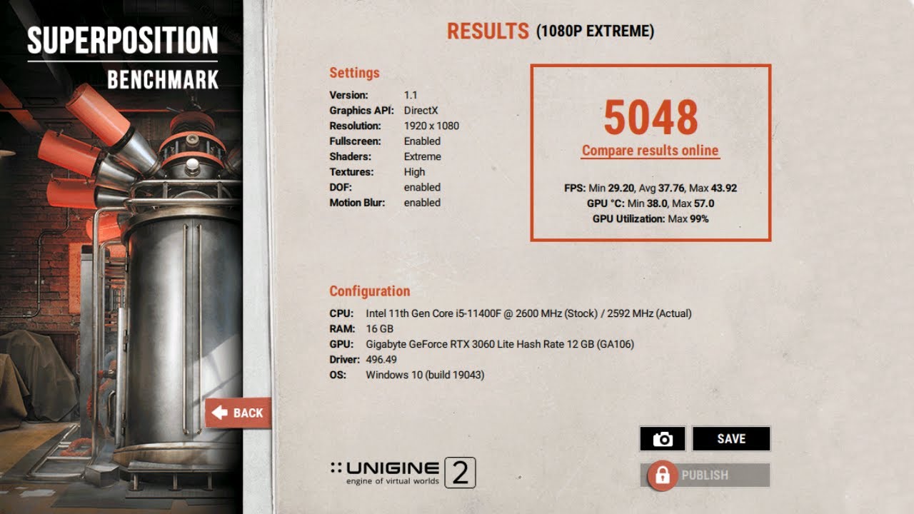 Superposition Benchmark 1080p Extreme RTX 3060 i5-11400F