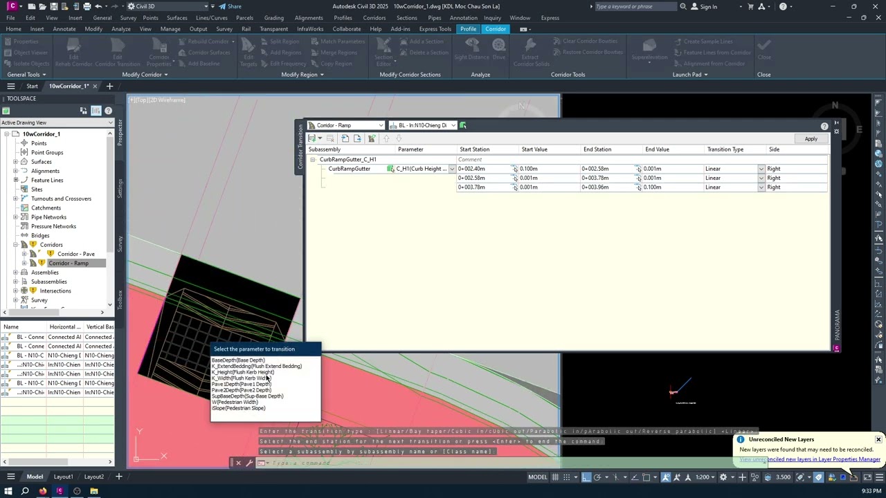 Create ramps using the edit transition tool - Civil3D