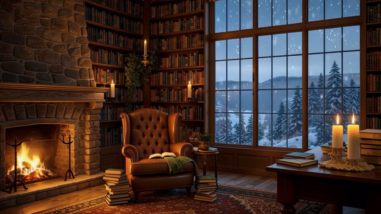 Library Fireplace Winter Ambience 📚 Cozy Snowy Study Room | Snowfall Window and Wind | 4K 10 Hours
