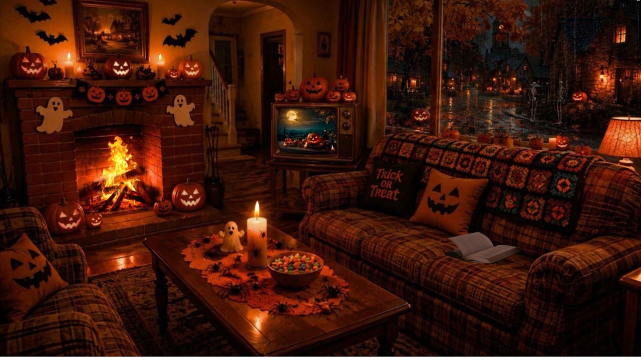 Cozy Autumn Halloween Reading Nook🎃🌧No Ads |Rain Window,Candlelight & Cozy Fireplace for Sleep,Study