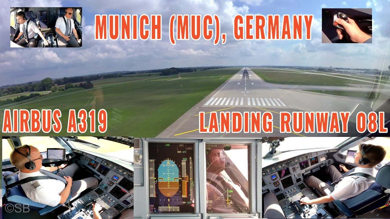 Мюнхен (MUC), Германия: заход на посадку и посадка на ВПП 08L, приборы и вид из кабины пилотов Ai...